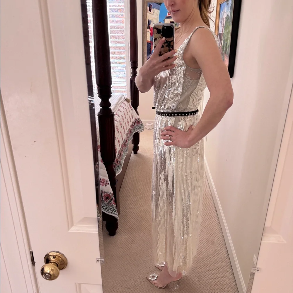 Marc Jacobs Runway NWT silver sequin midi dress with black detachable belt - Picture 10 of 15